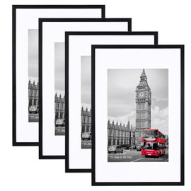Giftgarden 11x17 Picture Frame Pack of 4, Matted 11x17 Frames for 8x12 Pictures with Mats, 11 x 17 Poster without Mat for Wall Hanging Display, Black