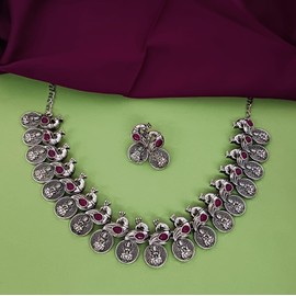 Efulgenz Choker Necklace and Earrings Indian Oxidized Jewelry Set for Women Antique Bohemian Crystal Stone Mahalaxmi Coin Peacock Necklace Dangle Earrings Fashion Jewelry for Women, Copper, not known