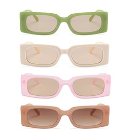 ENTHYI Rectangle Vintage Sunglasses for Women Retro 90s Square Female Chunky Glasses (Beige+Tea+Pink+Green)