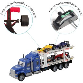 Vokodo Friction Powered Toy Semi Truck Trailer 14.5" With Four Formula 1 Race Cars Kids Push And Go Big Rig Carrier 1:32 Scale Auto Transporter Semi-Truck Play Vehicle Great Gift For Children Boy Girl