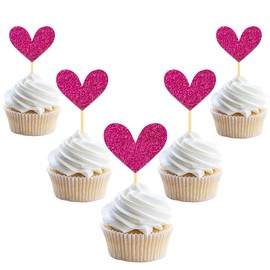 24Pcs Glitter Love Heart Cupcake Toppers for Valentine's Day Decorations, Love Heart Valentine's Day Cupcake Toppers for Wedding Bridal Shower Party Decorations (Rose Red)