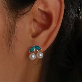 Inateannal Cute Pearl Cherry Earrings White Tiny Pearl Earrings Vintage Small Cherry Studs Fruit Sweet Dangle Earring Jewelry for Women