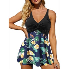 Rayson Women Tankini Sets with Floral Printed Tummy Control Plus Size Swimwear for Women V-Neck Swim Dresses Swimming Costume with Shorts(Navy Leaf,XXL)