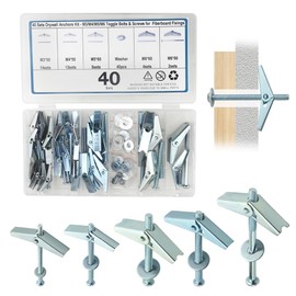 TOVOT 40PCS 5 Sizes Hollow Walls Fixings Assortment Set Carbon Steel Toggle Bolts M3/4/5/6 Fixings for Dry Wall, Plasterboard (50/60/80MM)