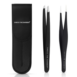 Tweezers Set: Stainless Steel Pointed and Slanted Tweezer for Eyebrows, Facial Hair, Ingrown Hairs and splinters. (2PCS)