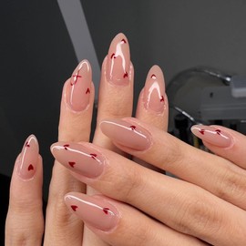 MERVF Almond Press on Nails Medium Fake Nails Red Heart Glue on Nails Press ons Valentines Day Acrylic Nude Solid Color Stiletto False Nails for Women Glossy 24pcs