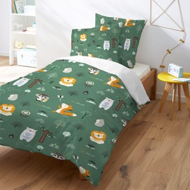 Yasida Bed Linen Forest Dark Green 135 x 200 cm Bed Linen Forest Animals with Cute Designs of Lion Fox and Polar Bear for Boys / Girls Children Microfibre Bed Linen 135 x 200 cm with 1 Pillowcase 80 x