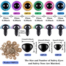 SANNIX Pack of 90 10 mm Safety Eyes and Safety Noses Large Safety Eyes for Crochet Animals Chromatic Plastic Button Eyes for Sewing with Washers for Doll, Plush Toy, Teddy Eyes