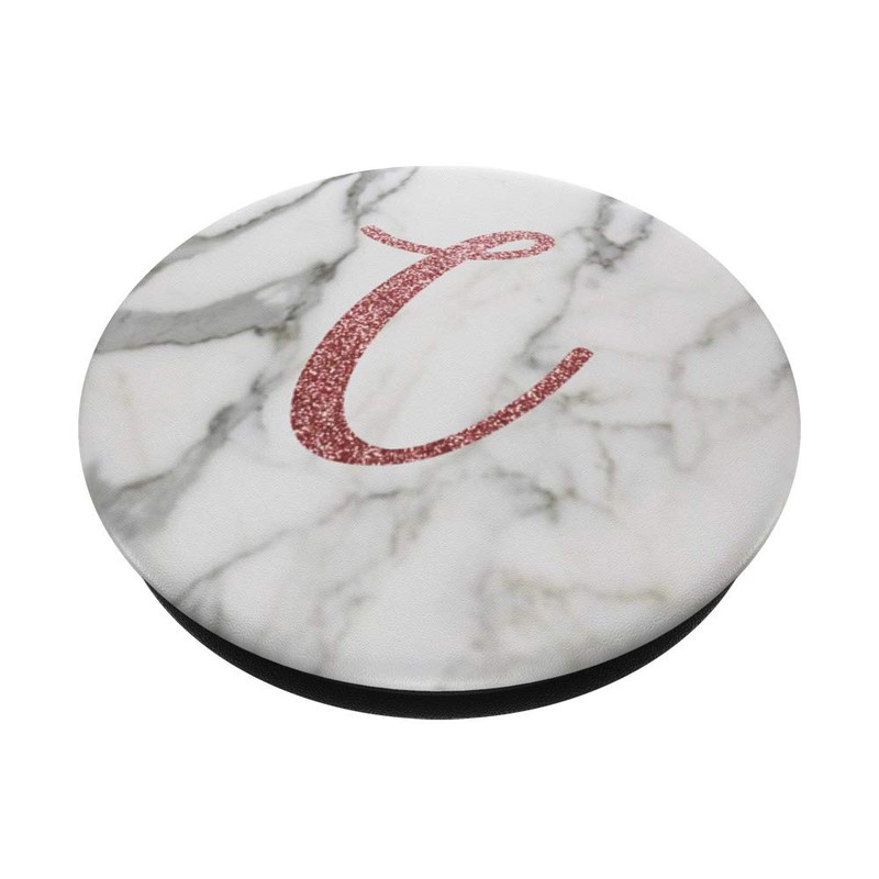Monogram Letter C on White Grey Marble Pink Rose Sparkle