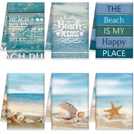 6 Pcs Beach Kitchen Towels Coastal Ocean Animal Dish Towels Sea Nautical Kitchen Towels Turtle Hand Towels Tea Towels Absorbent Beach Dish Towels for Kitchen Home Bathroom, 16 x 24 In (Coastal Style)