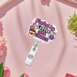 Jusen Cute and Funny Nurse Badge Reel,Retractable Nursing Social Worker Badge Reel Accessories,Pink Id Card Holder for Women Girl,Fueled By Coffee and Chaos Nurse Gifts