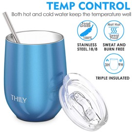 THILY Wine Tumbler Vacuum Insulated Stemless 12 oz Triple-Insulated Stainless Steel Cute Travel Wine Glass with Lid and Straw, Gift Ideas & Presents for Christmas, Sparkle Blue