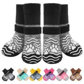PUPTECK Anti Slip Dog Socks, Shoes with Grippers to Prevent Licking Hardwood Floors Traction, Rubber Boots & Paw Protectors for Small Medium Large Dogs Cold/Hot Pavement, Senior Dogs Booties Grey