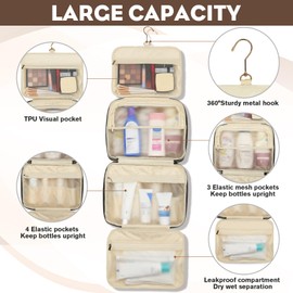 Yeiotsy Large Hanging Travel Toiletry Bag Vegan Leather Mens Womens Business Trip Cosmetics Makeup Organizer Bag (Coffee, Large)