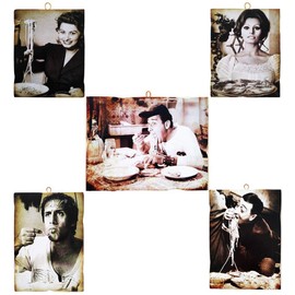 KUSTOM ART Set of 5 Vintage Style Paintings Famous Actors - Deaf/Celentano/Sofia Loren/Totò/Sofia Loren(Pizza) - Wood Print for Furniture Restaurant Pizzeria Trattoria Bar Hotel Inn