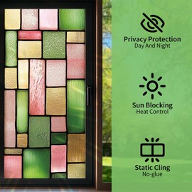 Stained Glass Style Geometric Window Film， Floral Window Privacy Film ，Glass Privacy Decals ，Living Room Sun Blocking Decor， Removable Static Cling Stickers 17.71x39.97 inch
