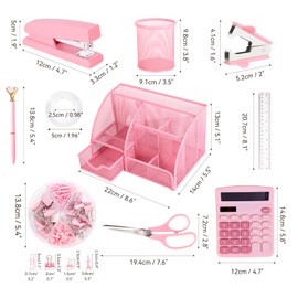yuun Pink Desk Organizers and Accessories, Office Supplies Include Mesh Desk Organizer, Stapler, Staple Remover, Scissor, Clips Set, Pen Holder, Ruler, Pen and Staples etc