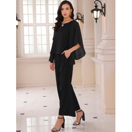 WOMLAYOUT Women's 2 Pieces Sets Elegant Chiffon Sleeve Top Wide Legs Pants Mother of Bride Suits Small Black