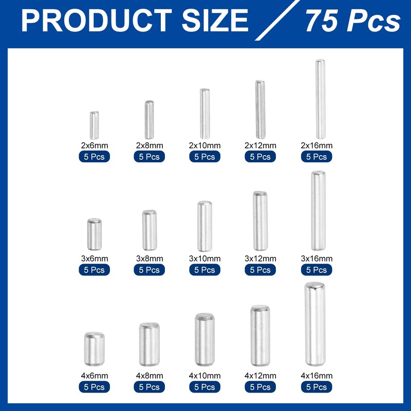 sourcing map 75Pcs 1 Set of 15 Sizes Dowel Pins