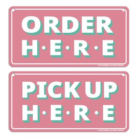GEEKBEAR Order Here and Pick Up Here Signs (Pink) - Premium Order Here Pick Up Here Signs with Special Hanging Hooks Attachable to Ceiling - 12" X 6" - 2 Pack