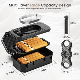 Travel Cigar Humidor Box Kit with V Cigar Cutter, Cigar Ashtray, Cigar Draw Enhancer&Punch 2-in-1 Tool, 2 Cigar Holders, Humidifier & Hygrometer, Portable Cigar Case with Accessories Set for Men Gift