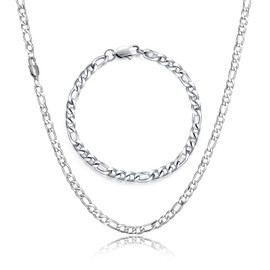HSWYFCJY Figaro Kette Halskette Armband für Damen Herren Silber Edelstahl Kette 18/20/22/24 Zoll Kette Halskette Armband Set für Männer (20 Zoll+Armband)…