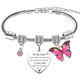 To My Sister Charm Bracelet Gifts I Love Gifts for Sister Birthday Gifts from Sister Big Sister Little Sister Christmas Graduation Gifts Butterflies Gifts Heart Rhinestones Butterfly Bracelets Jewelle