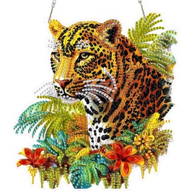 SENQAO Leopard Diamond Art Hanging Kit for Adult, Special Shaped Rhinestone, DIY Acrylic 5D Cheetah Diamond Art Painting Window Pendants Home Garden Wall Hanging Kits Hanging Ornament