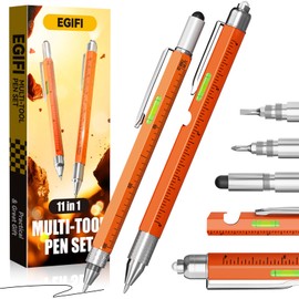 Stocking Stuffers for Men, Dad, Husband, 11 in 1 Multitool Pen with LED Light, Ruler, Level, Screwdriver, Stylus, Flathead,Gifts for Men Who Have Everything, Orange