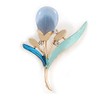 Light Blue/Teal Enamel Cat's Eye Stone Flower Brooch In Gold