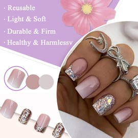 24 Stück Nägel zum Aufkleben Kurze Eckig Weiß Rosa French Kunstnägel Press on Nails Vollabdeckung Natürliche Acryl Fingernägel Künstliche Nägel Glitzer für Frauen und Mädchen Nagelkunst Dekoration