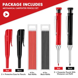 NineChain 2 Pcs Mechanical Carpenters Pencil Set with 14 Refills, Construction Pencil with Built-In Sharpener, Long Head Deep Hole Marker Pencil with Cap,Builders Pencil for woodworking