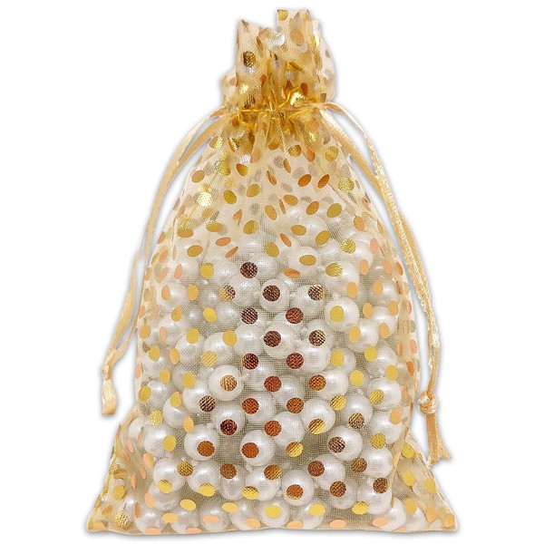 TheDisplayGuys 100-Pack 4x6 Sheer Organza Gift Bags with Drawstring (Medium) - Polka Dot (Gold/Gold) - for Wedding Party Favors, Jewelry, Candy, Treats Mesh Pouch