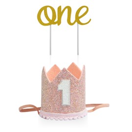 ZGDEIWGF 1 x 1 year old crown and 1 x 1 year old birthday card, children's party decoration, party accessories, cute crown hat