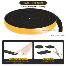 Weather Stripping Door Seal,Weather Stripping,Soundproof,Cold Insulation,High Density CR Foam Insulation Tape for Door, Front Door Frame, Windows,Sliding Door (Black, 1/2 in x 1/2 in x 13Ft)