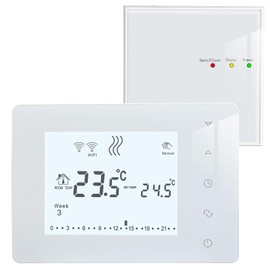 Beok BOT-X306 Wireless Programmable LCD Touch Buttons Thermostat with Receiver, Smart Room Temperature Controller for Gas Boiler Heating System, Standing & Wall Hanging, White