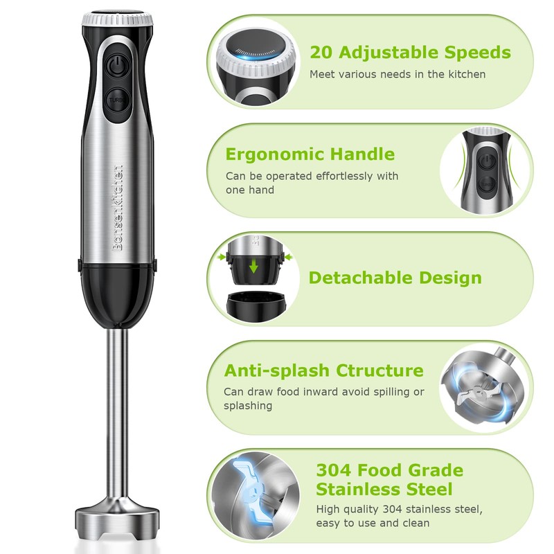 Bonsenkitchen Immersion Handheld Blender with Whisk, 20-Speed & Turbo Mode