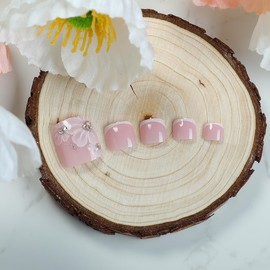 24 Pcs White French Press On Toenails YEFIUO Acrylic Fake Toe Nails Press ons Nail Art with Flowers Rhinestones Charms Design Full Cover Glossy False Nails Glue on Toe Nails Stick on Nails for Ma'am