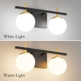 Ralbay 2-Light Black Gold Bathroom Vanity Light Mid Century Modern Bathroom Light Fixture Black/Golden Milky Glass Ball Wall Light for Bathroom