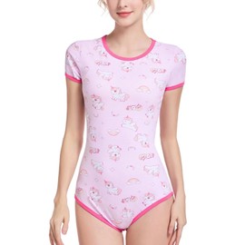 Landofgenie Women's Short Sleeve Bodysuit Onesie Pyjamas for Women One Piece Rompers Botton Crotch Top - Unicorn, pink