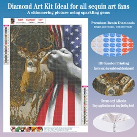 FORLAND Patriotic Diamond Painting Kits for Adults Beginners - 5D DIY Deer American Flag Full Drill Diamond Kits Painting Crafts for Home Wall Decor, Diamond Art Kits,12x16inch