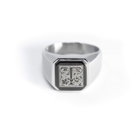 Stainless Steel Letter T Alphabet Initial Floral Box Monogram Engraved Square Flat Top Biker Style Polished Ring, Size 8