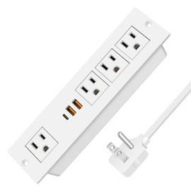 VILONG Flat Plug Recessed Power Strip with PD 20W USB-C, Flush Mounted Drawer Outlet, 4 AC Outlets & 3 USB Ports, Conference Desktop Built in Power Strip, 10FT Extension Cord(White)