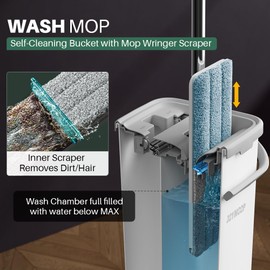 JOYMOOP Flat Squeeze Mop and Bucket Set, with 50" Mop Handle and 8 Grey Microfiber Pads