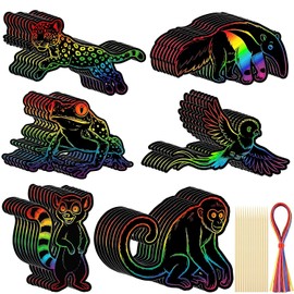 Gueevin 60 Pcs VBS 2026 Craft Scratch Cards Rainforest Themed Animal DIY Kit, 6 Rainforest Animal Designs with Wooden Sticks & Ribbons VBS 2026 Decorations & Classroom DIY Crafts