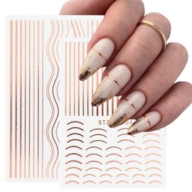 3D Lines Nail Stickers Rose Gold Metal Nail Art Decals 8 Sheets Stripe Lines Letters French Tips Self-Adhesive Nail Decals Curve Nail Art Sliders Nail Supplies for Women Manicure DIY Decorations
