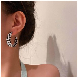 Cimenexe Bohemian Black White Striped Earrings Geometric Square Pattern Stud Earrings Large C Shape Dangle Earrings Acrylic Checkered Earrings Jewelry for Women and Girls Gifts