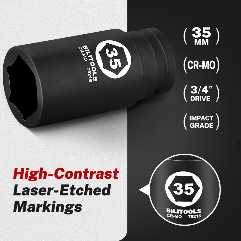 BILITOOLS 3/4" Drive Deep Impact Socket,33mm Socket Metric, 6-Point Axle