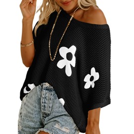 Dokotoo Womens Floral Summer Scoop Neck Cute Tops Sweater Casual Crochet Cruise Outfits Knit Tops Work Business Pullover Shirts Bathing Suit for Women,Black XX-Large