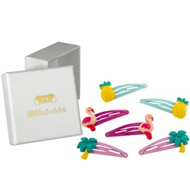 HAARallerliebst Hair Clips Set (6 Pieces | Pineapple, Flamingo and Palm Tree | Colourful) for Girls with Storage Box (Box Colour: White)